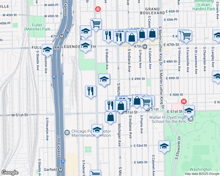 map of restaurants, bars, coffee shops, grocery stores, and more near 4933 South Wabash Avenue in Chicago