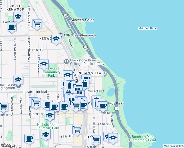 map of restaurants, bars, coffee shops, grocery stores, and more near 4930 South Cornell Avenue in Chicago