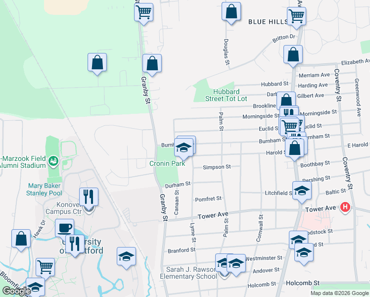 map of restaurants, bars, coffee shops, grocery stores, and more near 206 Burnham Street in Hartford