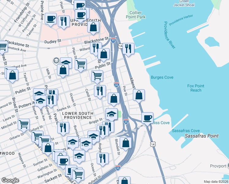 map of restaurants, bars, coffee shops, grocery stores, and more near 125 Poe Street in Providence