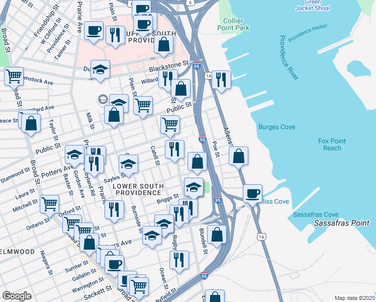 map of restaurants, bars, coffee shops, grocery stores, and more near 200 Swan Street in Providence