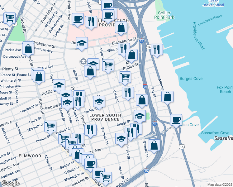 map of restaurants, bars, coffee shops, grocery stores, and more near 47 Trask Street in Providence