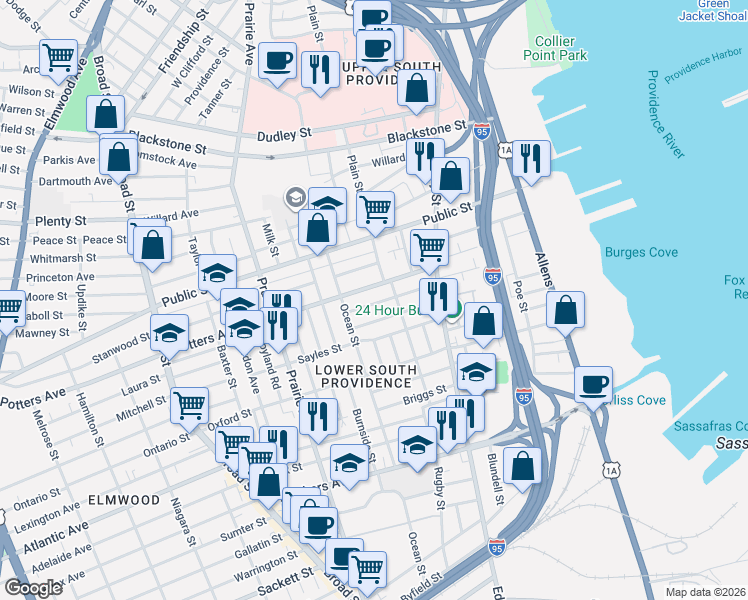 map of restaurants, bars, coffee shops, grocery stores, and more near 94 Potters Avenue in Providence