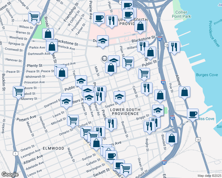map of restaurants, bars, coffee shops, grocery stores, and more near 38 Burnside Street in Providence