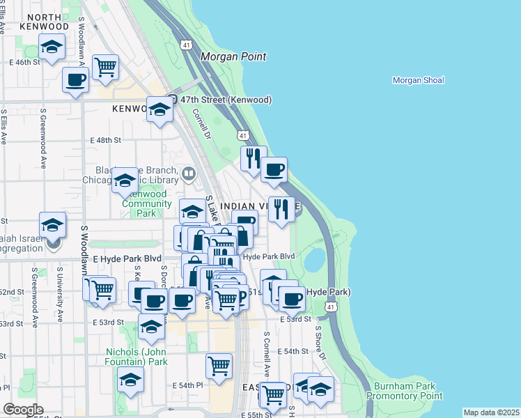 map of restaurants, bars, coffee shops, grocery stores, and more near 4930 South Cornell Avenue in Chicago