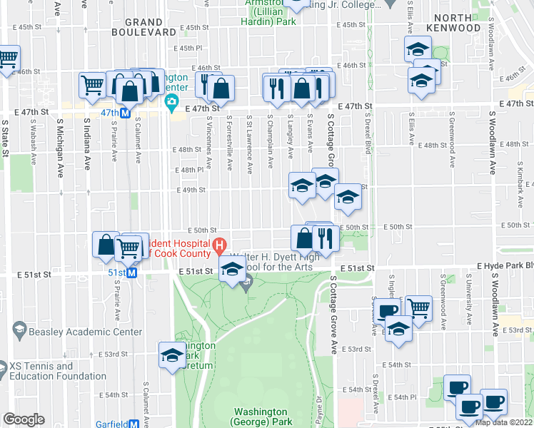 map of restaurants, bars, coffee shops, grocery stores, and more near 4926 South Champlain Avenue in Chicago