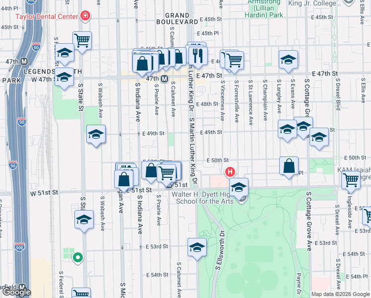 map of restaurants, bars, coffee shops, grocery stores, and more near 4924a South Doctor Martin Luther King Junior Drive in Chicago