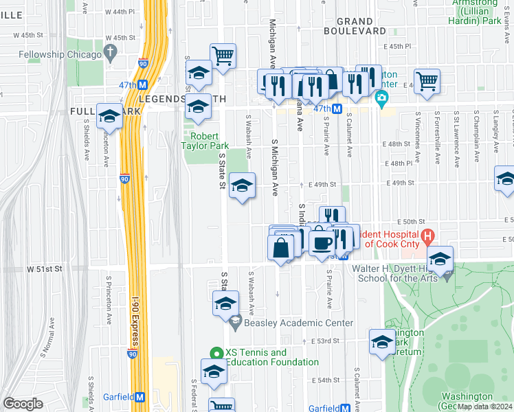 map of restaurants, bars, coffee shops, grocery stores, and more near 4913 South Wabash Avenue in Chicago