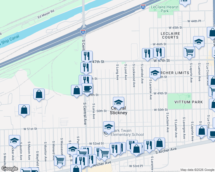 map of restaurants, bars, coffee shops, grocery stores, and more near 4812 South Lotus Avenue in Chicago