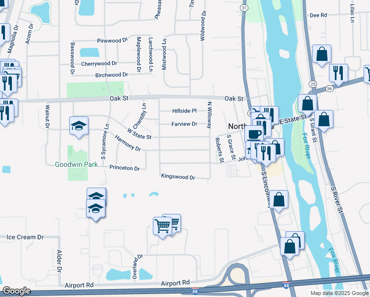 map of restaurants, bars, coffee shops, grocery stores, and more near 317 Harmony Drive in North Aurora