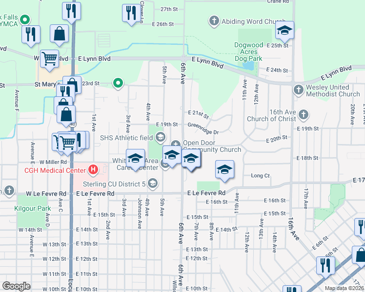 map of restaurants, bars, coffee shops, grocery stores, and more near 1811 6th Avenue in Sterling