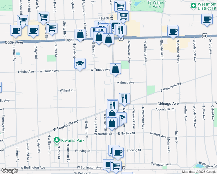 map of restaurants, bars, coffee shops, grocery stores, and more near 404 North Cass Avenue in Westmont