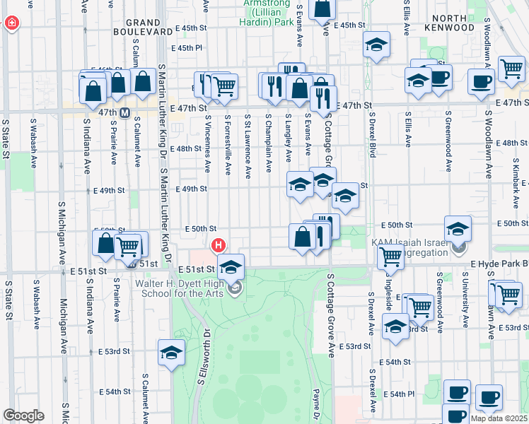map of restaurants, bars, coffee shops, grocery stores, and more near 4936 South Champlain Avenue in Chicago