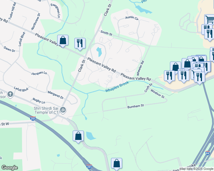 map of restaurants, bars, coffee shops, grocery stores, and more near 118 Ivy Lane in South Windsor