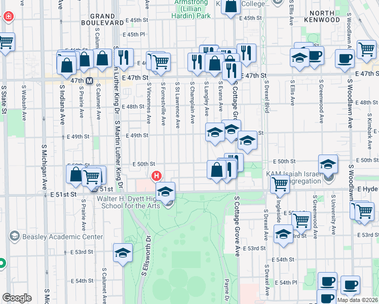 map of restaurants, bars, coffee shops, grocery stores, and more near 4926 South Champlain Avenue in Chicago