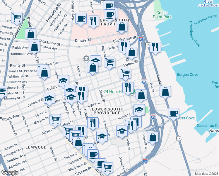 map of restaurants, bars, coffee shops, grocery stores, and more near 94 Potters Avenue in Providence