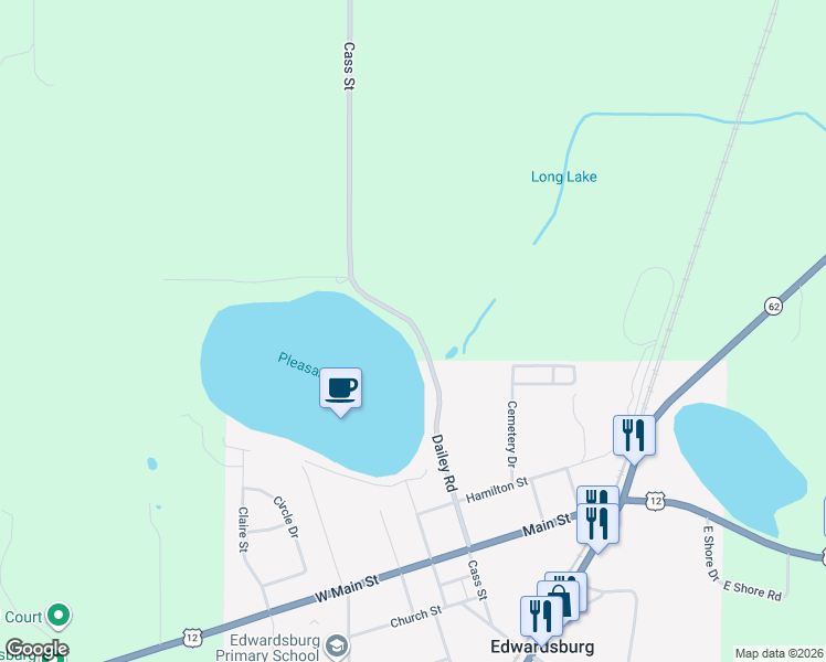 map of restaurants, bars, coffee shops, grocery stores, and more near 68418 Dailey Road in Edwardsburg