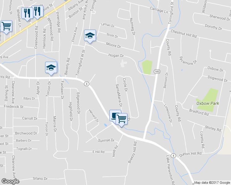 map of restaurants, bars, coffee shops, grocery stores, and more near 147 Santa Maria Drive in Torrington