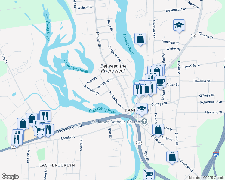 map of restaurants, bars, coffee shops, grocery stores, and more near 90 Katherine Avenue in Killingly