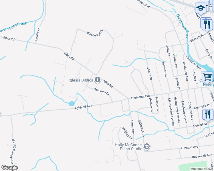 map of restaurants, bars, coffee shops, grocery stores, and more near 183 Allen Road in Torrington