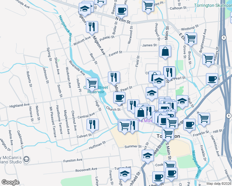 map of restaurants, bars, coffee shops, grocery stores, and more near 100 Migeon Avenue in Torrington