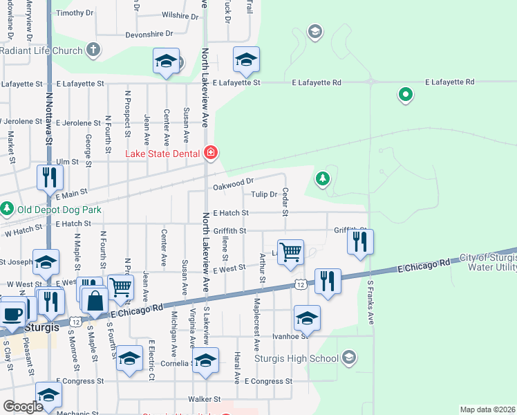 map of restaurants, bars, coffee shops, grocery stores, and more near 1201 Tulip Drive in Sturgis