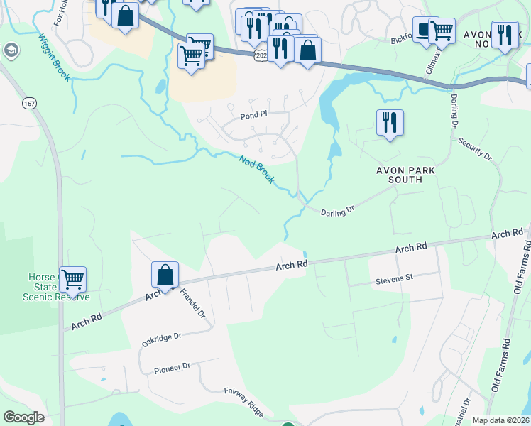 map of restaurants, bars, coffee shops, grocery stores, and more near 6 Steeplechase in Avon