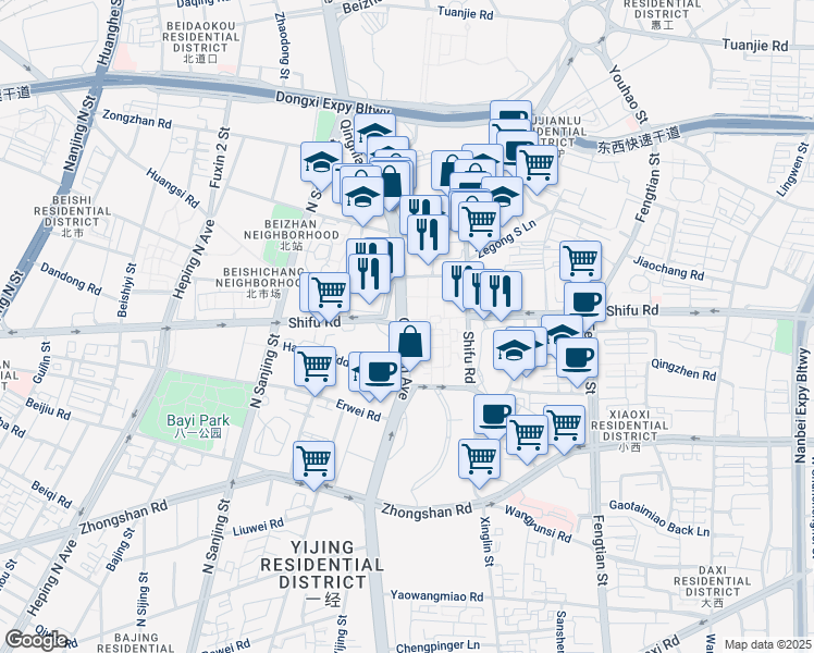 map of restaurants, bars, coffee shops, grocery stores, and more near in Shenyang