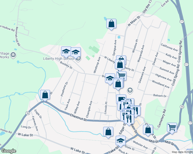 map of restaurants, bars, coffee shops, grocery stores, and more near 140 Champlin Avenue in Liberty