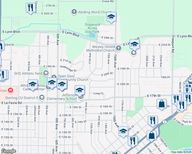map of restaurants, bars, coffee shops, grocery stores, and more near 1203 East 20th Street in Sterling
