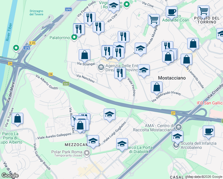 map of restaurants, bars, coffee shops, grocery stores, and more near 103 Via Canton in Rome