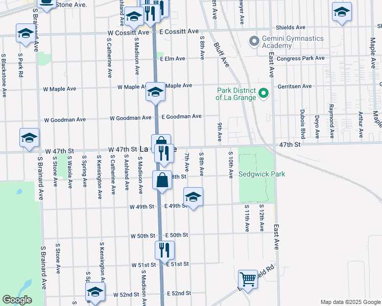 map of restaurants, bars, coffee shops, grocery stores, and more near 505 7th Avenue in La Grange