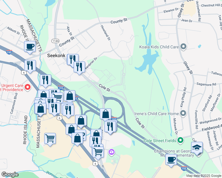 map of restaurants, bars, coffee shops, grocery stores, and more near 822 Fall River Avenue in Seekonk