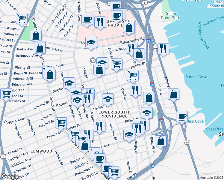 map of restaurants, bars, coffee shops, grocery stores, and more near 94 Potters Avenue in Providence