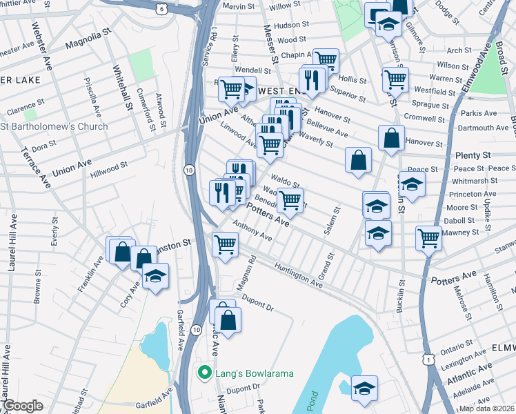 map of restaurants, bars, coffee shops, grocery stores, and more near 89 Benedict Street in Providence