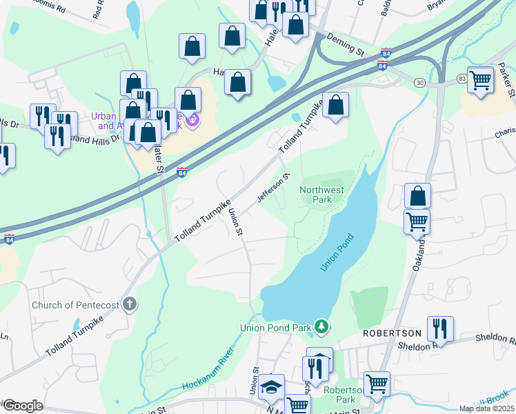 map of restaurants, bars, coffee shops, grocery stores, and more near 91 Marjorie Lane in Manchester