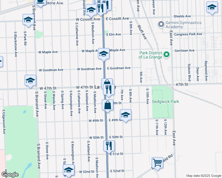 map of restaurants, bars, coffee shops, grocery stores, and more near in La Grange