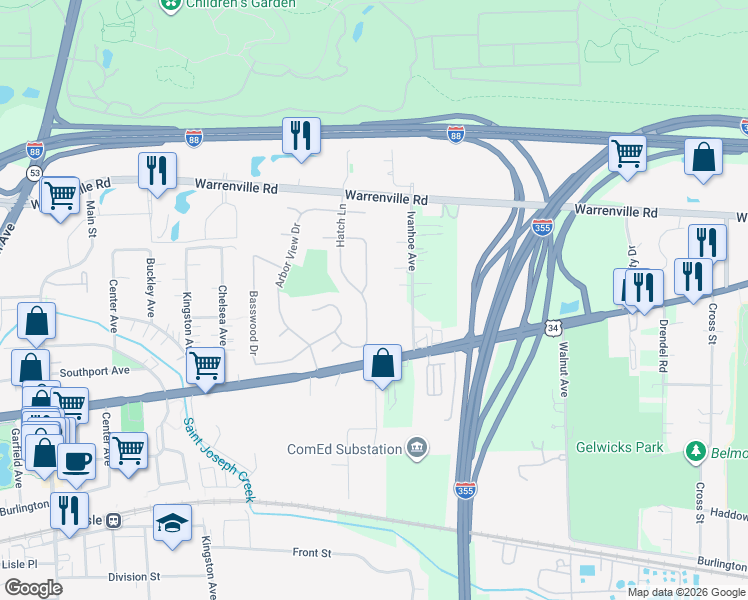 map of restaurants, bars, coffee shops, grocery stores, and more near 4511 Hatch Lane in Lisle