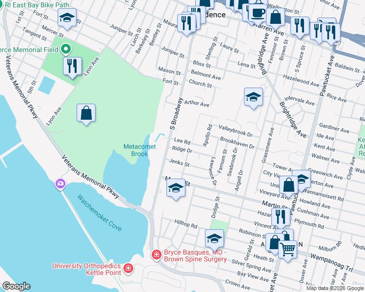 map of restaurants, bars, coffee shops, grocery stores, and more near 20 Ridge Drive in East Providence