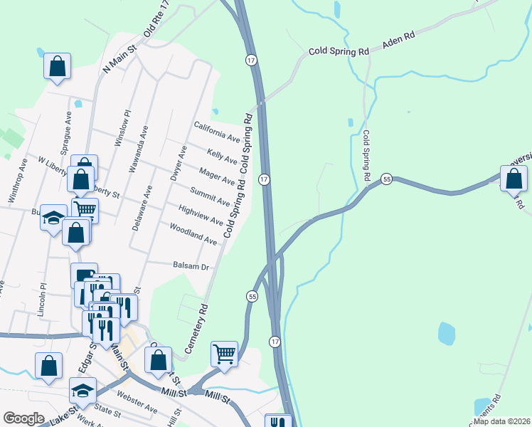 map of restaurants, bars, coffee shops, grocery stores, and more near Highway 17 in Liberty