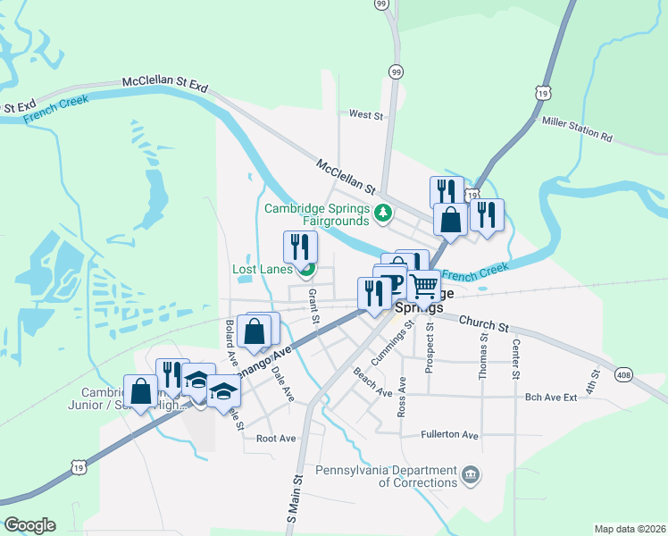 map of restaurants, bars, coffee shops, grocery stores, and more near Drake Avenue in Cambridge Springs