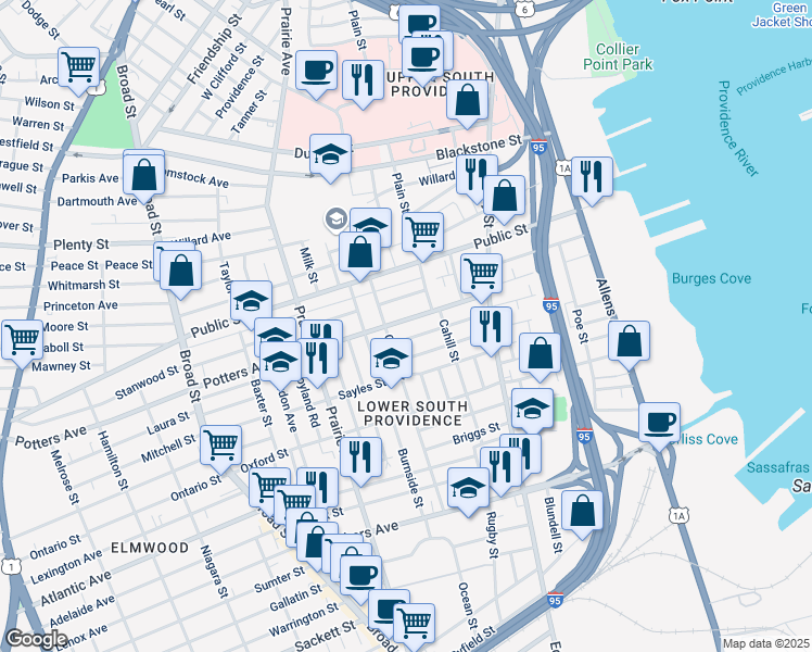 map of restaurants, bars, coffee shops, grocery stores, and more near 94 Potters Avenue in Providence