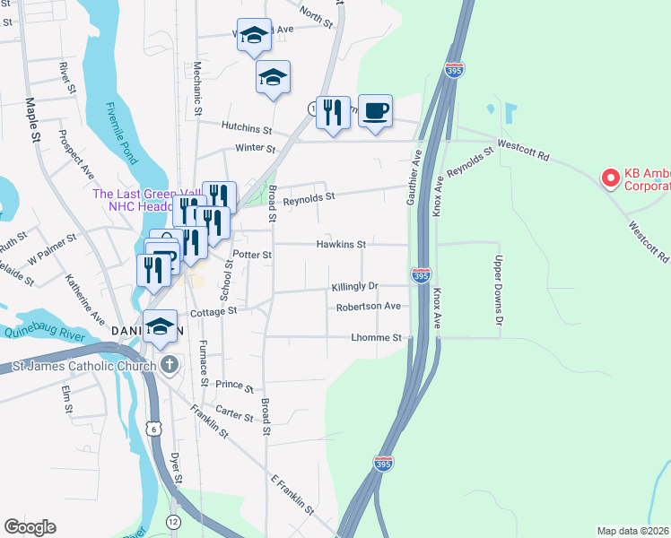 map of restaurants, bars, coffee shops, grocery stores, and more near 100 Corrinne Street in Killingly