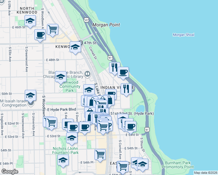 map of restaurants, bars, coffee shops, grocery stores, and more near 4930 South Cornell Avenue in Chicago