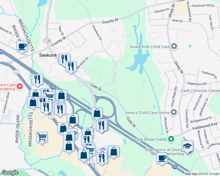 map of restaurants, bars, coffee shops, grocery stores, and more near 62 Colfall Street in Seekonk