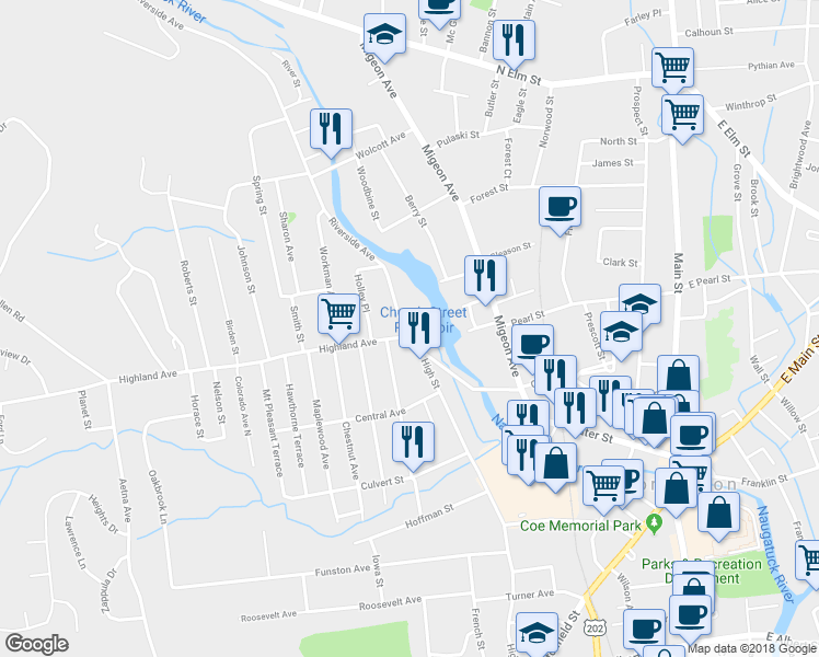 map of restaurants, bars, coffee shops, grocery stores, and more near 10 Riverside Avenue in Torrington