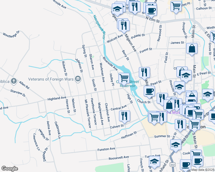 map of restaurants, bars, coffee shops, grocery stores, and more near 18 Workman Avenue in Torrington