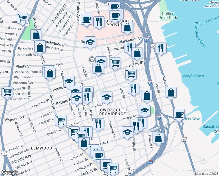 map of restaurants, bars, coffee shops, grocery stores, and more near 104 Potters Avenue in Providence