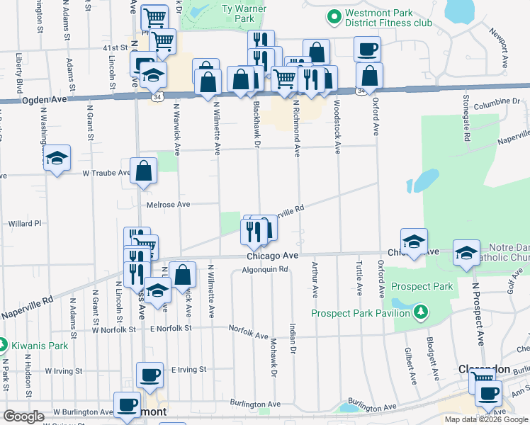 map of restaurants, bars, coffee shops, grocery stores, and more near 302 East Naperville Road in Westmont