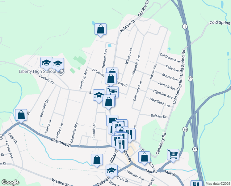 map of restaurants, bars, coffee shops, grocery stores, and more near 9 Columbia in Liberty